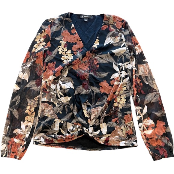 INC International Concepts Tops - INC Floral Leopard Print Twist Hem Long Sleeve V Neck Blouse Sz XS NWOT